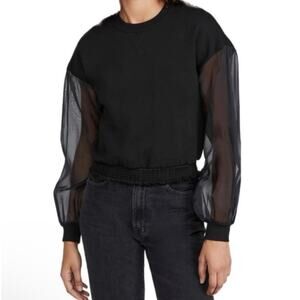 Cami NYC Valeria Black Cropped Sweatshirt Silk Organza Balloon Sleeve XS $298
